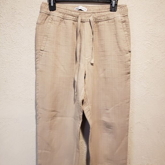Zara Women’s Textured Pants Sz S Small Beige High Waist Straight Wide Leg Pant - Picture 4 of 4
